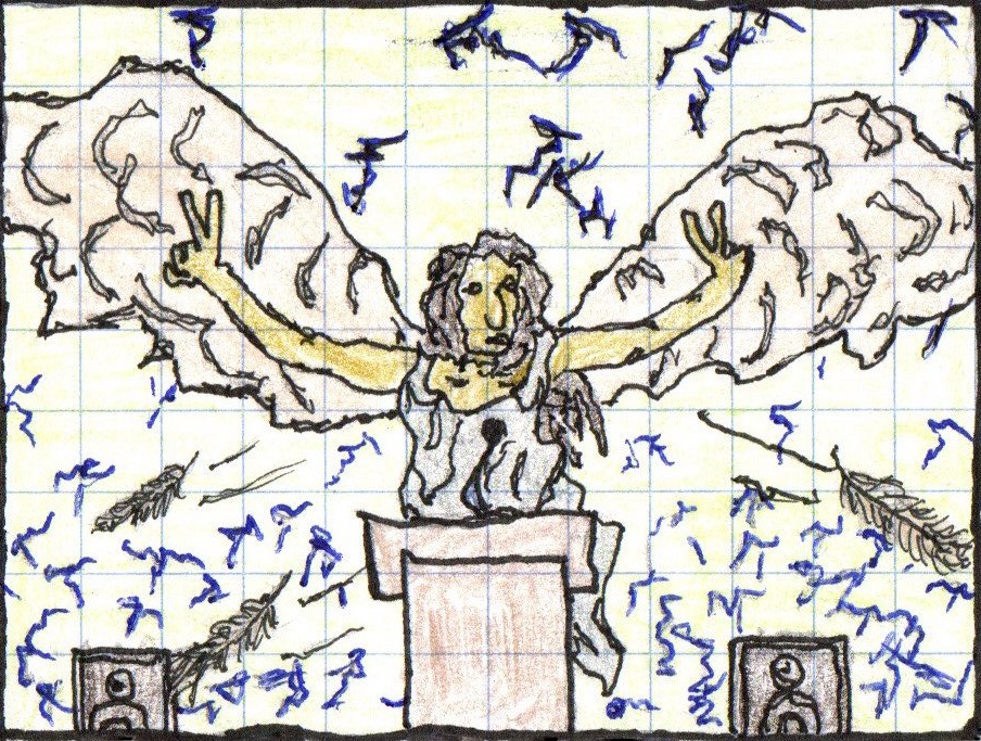 A picture with a figure of the Winged Victory of Samothrace doing two 'v for victory' figure signs a la Richard Nixon at a podium with two loudspeakers blasting out sound waves (black ink and colored pencil)